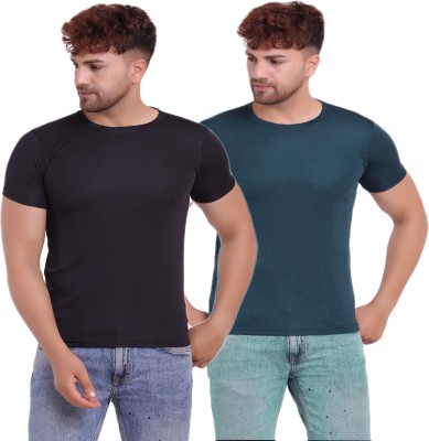 KASPY Solid Men Round Neck Dark Blue, Black T-Shirt