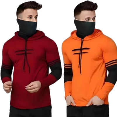 URE Enterprises Colorblock Men Hooded Neck Maroon, Orange T-Shirt