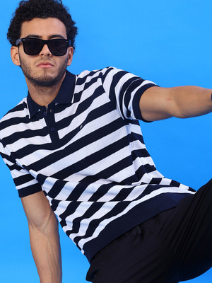 V-MART Striped Men Polo Neck Blue T-Shirt