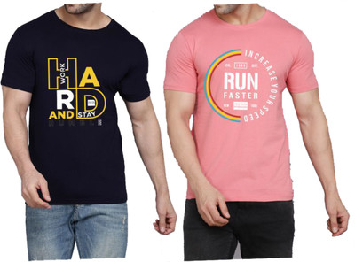 WOOSTRO Printed Men Round Neck Dark Blue, Pink T-Shirt