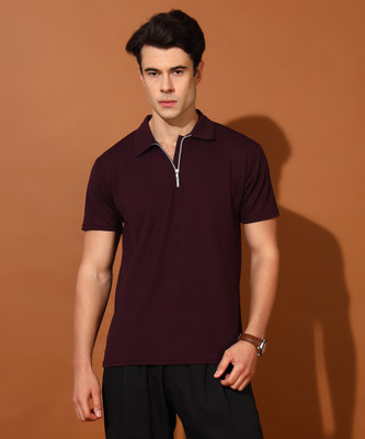 Christy World Solid Men Polo Neck Maroon T-Shirt