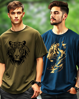 AOOSH Graphic Print Men Round Neck Green, Dark Blue T-Shirt