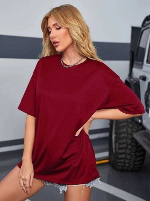 Sahuone Solid Women Round Neck Maroon T-Shirt