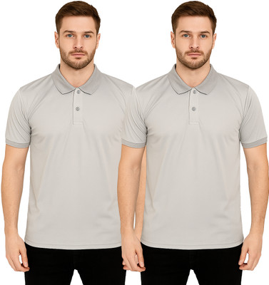 YUALIN CREATION Solid Men Polo Neck Grey T-Shirt