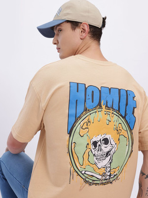Glitchez Printed Men Round Neck Beige T-Shirt