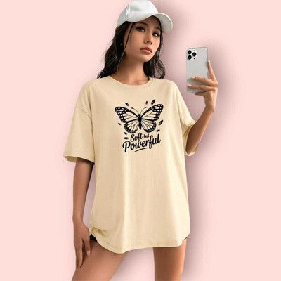 Hivewear Printed Women Round Neck Beige T-Shirt