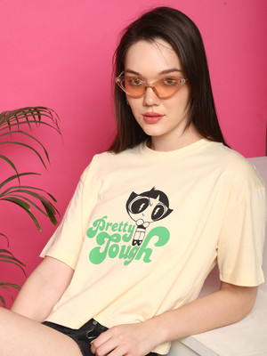 DreamBe Printed Women Round Neck Beige T-Shirt