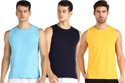 Adorbs Solid Men Round Neck Blue, Dark Blue, Yellow T-Shirt