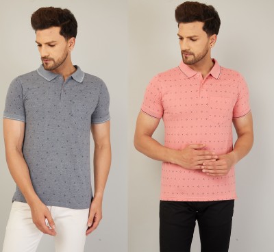 We Perfect Printed Men Polo Neck Grey, Pink T-Shirt
