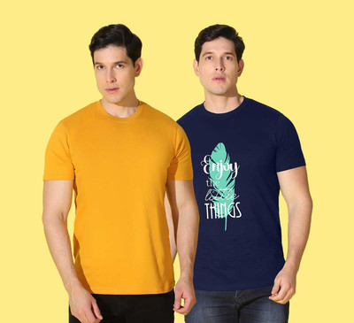WOOSTRO Printed Men Round Neck Blue, Yellow T-Shirt
