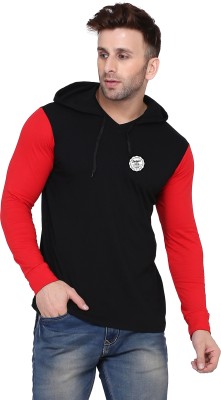 tfurnish Self Design Men Hooded Neck Black, Red T-Shirt