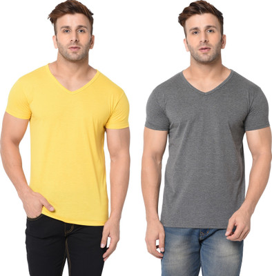 Tresna Trending Solid Men V Neck Grey, Yellow T-Shirt