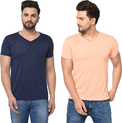 Tresna Trendy Solid Men V Neck Blue, Pink T-Shirt