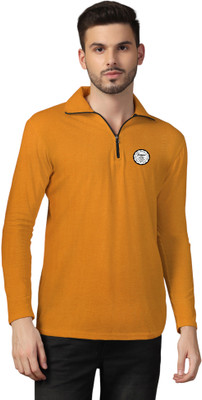 GEUM Printed Men Zip Neck Beige T-Shirt