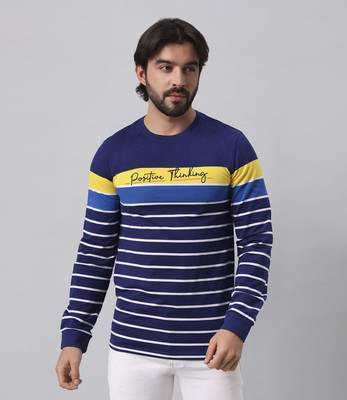 BE POSITIVE Striped, Typography Men Round Neck Dark Blue T-Shirt