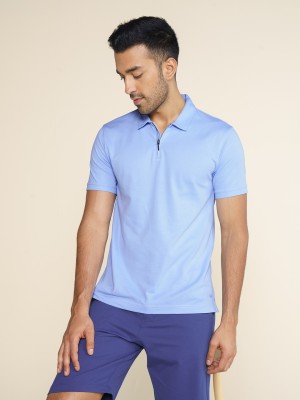 Damensch Solid Men Polo Neck Blue T-Shirt