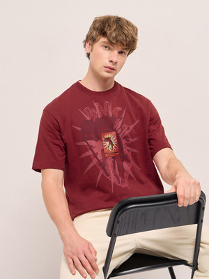 THE BEAR HOUSE Graphic Print Men Round Neck Maroon T-Shirt