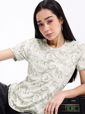 Kook N Keech Printed Women Round Neck Green T-Shirt
