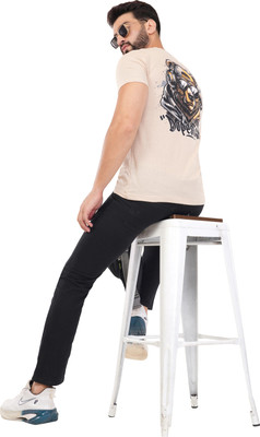Astrape & Bronte Printed Men Round Neck Beige T-Shirt