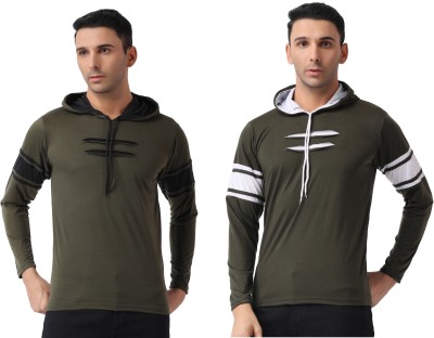 Vellszone Solid Men Hooded Neck Green, White T-Shirt