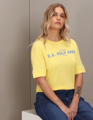 U.S. POLO ASSN. Typography Women Round Neck Yellow T-Shirt