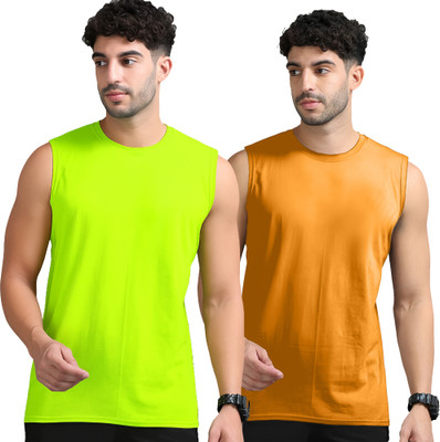 Adorbs Solid Men Round Neck Green, Orange T-Shirt