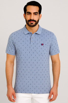 SAND PIPER Printed Men Polo Neck Blue T-Shirt