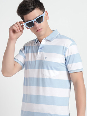 UNNIBERRY Striped Men Polo Neck Light Blue T-Shirt