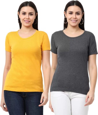 PRINTISTA Solid Women Round Neck Yellow T-Shirt