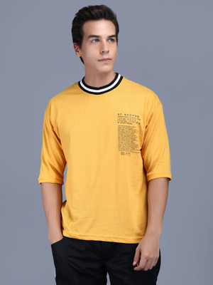 BROWN SKY Printed, Typography Men Round Neck Yellow T-Shirt