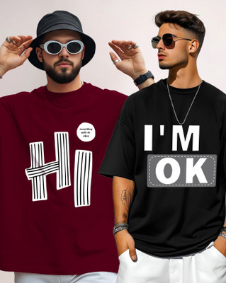 AOOSH Printed Men Round Neck Maroon, Black T-Shirt