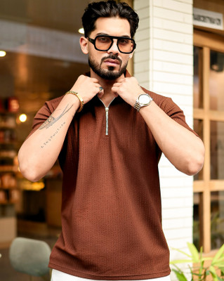 ENITOR Self Design Men Polo Neck Brown T-Shirt
