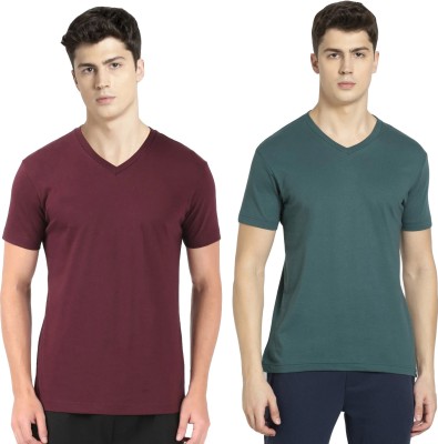 JOCKEY Solid Men V Neck Green, Maroon T-Shirt