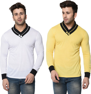 Tresna Trending Colorblock Men Shawl Neck White, Yellow T-Shirt