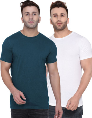 Kroptee Solid Men Round Neck Blue, White T-Shirt