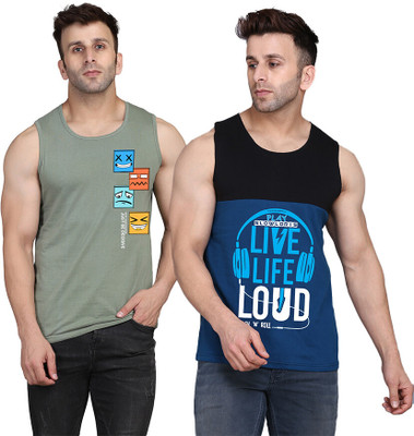 SLOWLORIS Printed Men Scoop Neck Black, Dark Blue, Light Green T-Shirt