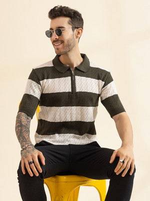 Roadster Colorblock Men Polo Neck White, Dark Green T-Shirt