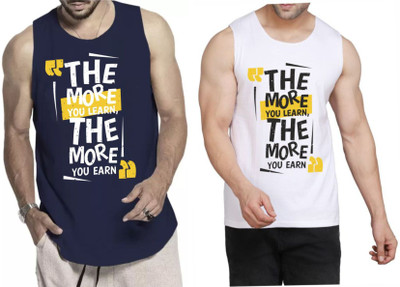 WOOSTRO Printed Men Scoop Neck Dark Blue, White T-Shirt