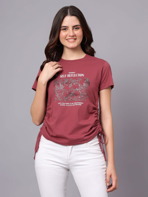 CANTABIL Printed Women Round Neck Pink T-Shirt