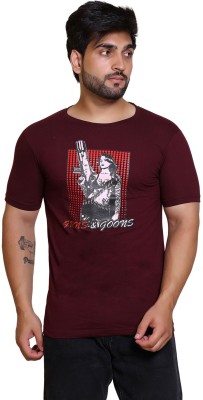 Guns&Goons Printed, Typography Men Round Neck Maroon T-Shirt