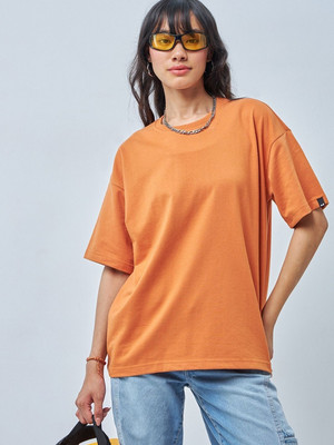 BEWAKOOF Solid Women Round Neck Orange T-Shirt