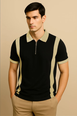 Adiba Fashion Factory Striped Men Polo Neck Black, Beige T-Shirt