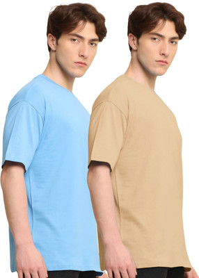 Mr Anime Solid Men Round Neck Beige, Blue T-Shirt