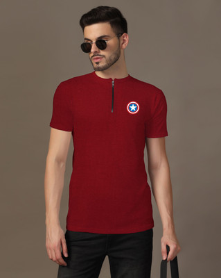 Lawful Casual Printed Men Mandarin Collar Maroon T-Shirt