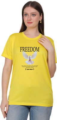 Mantratees Graphic Print Women Round Neck Yellow T-Shirt