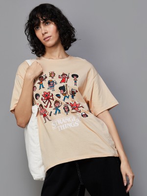 Ginger by Lifestyle Printed Women Round Neck Beige T-Shirt