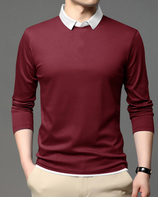 TEEMEX Solid Men Polo Neck Maroon T-Shirt