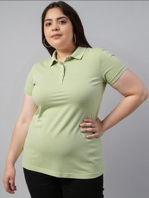 MAYKR Solid Women Polo Neck Light Green T-Shirt