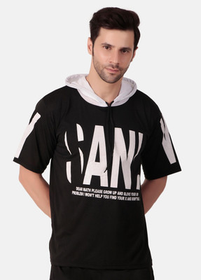 cnw Graphic Print Men Hooded Neck Black T-Shirt