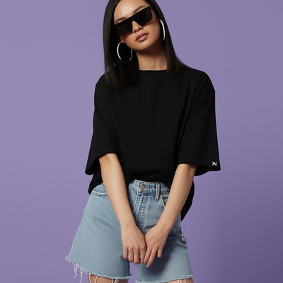 MOJILO Solid Women Round Neck Reversible Black T-Shirt